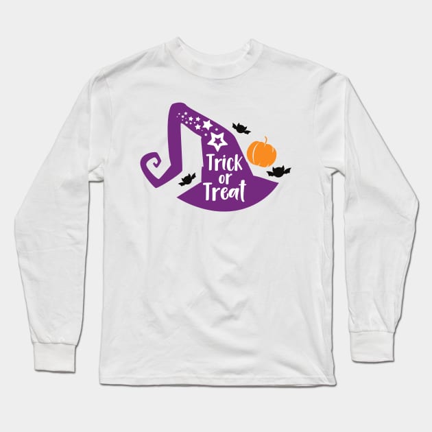 Trick Or Treat, Witch Hat, Bats, Stars, Halloween Long Sleeve T-Shirt by Jelena Dunčević